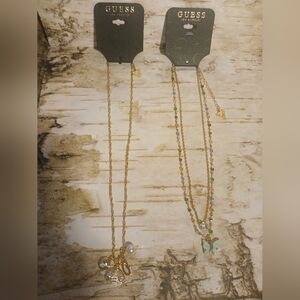 NWT 2 GUESS Gold Bee Pearl Diamond Red Blue Green Butterfly Pendant Necklace Set